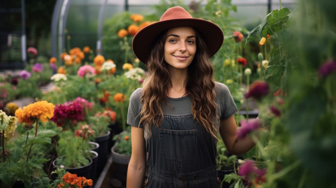 Woman in overalls and sunhat smiling in a lush organic garden filled with vegetables and flowers