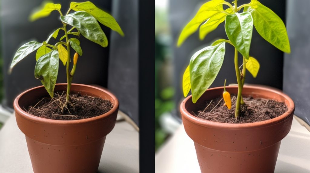 Before and after photos showing a drooping pepper plant in bad soil transformed into a thriving, fruiting plant after re-potting in better soil