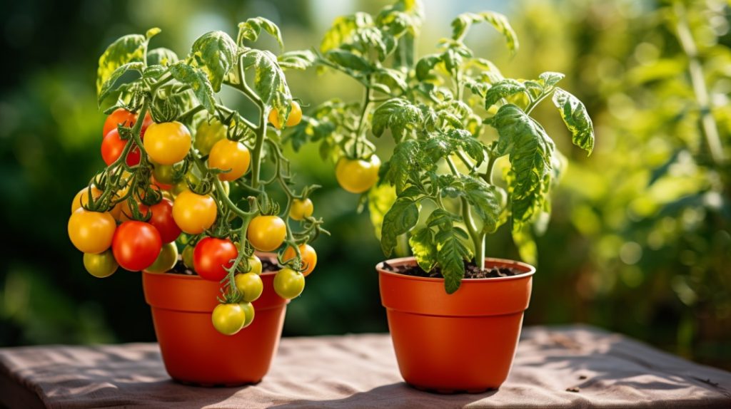 Side-by-side photo of two tomato plants in containers. The left plant is large and healthy in rich potting mix. The right plant is small and drooping in fluffy, nutrient deficient soil.