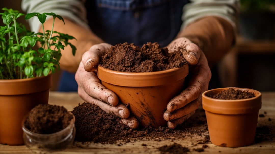 pair of hands holding a small pot with freshly prepared potting mix.