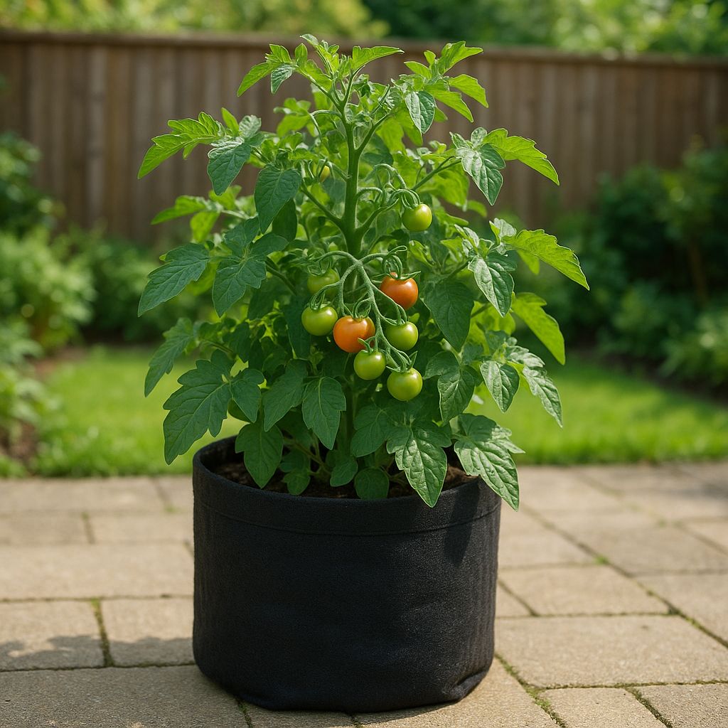 Fabric grow bag with a healthy tomato plant growing on a patio