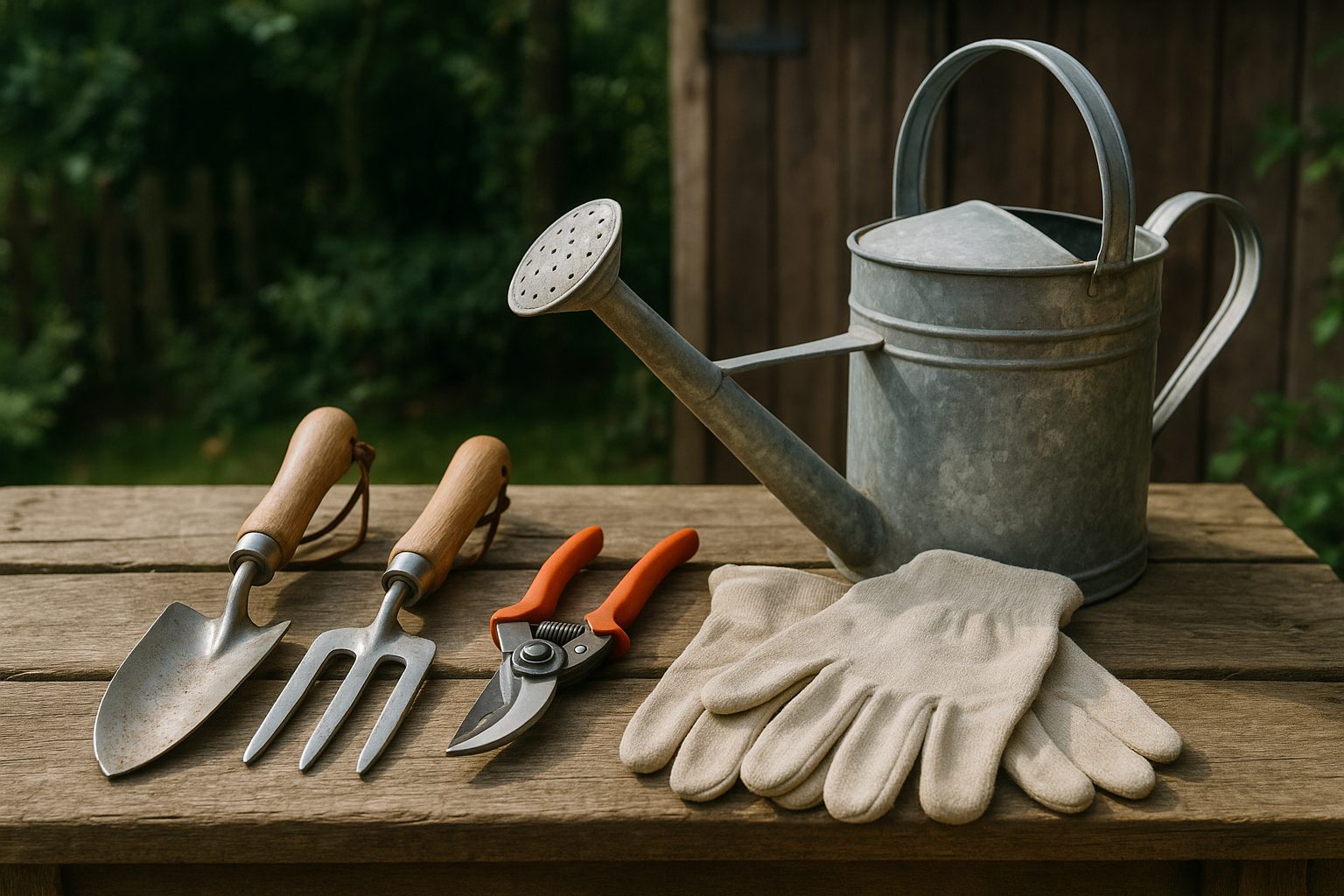 Collection of essential garden tools arranged on a wooden potting bench