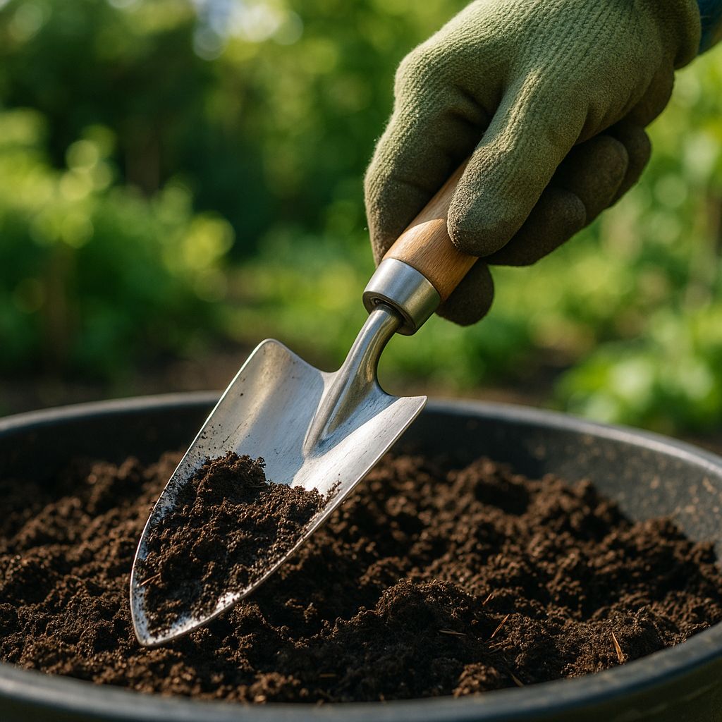 Hand trowel digging into rich dark compost in a garden pot