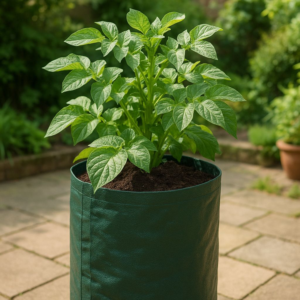 Potato plants growing tall in a deep fabric grow bag