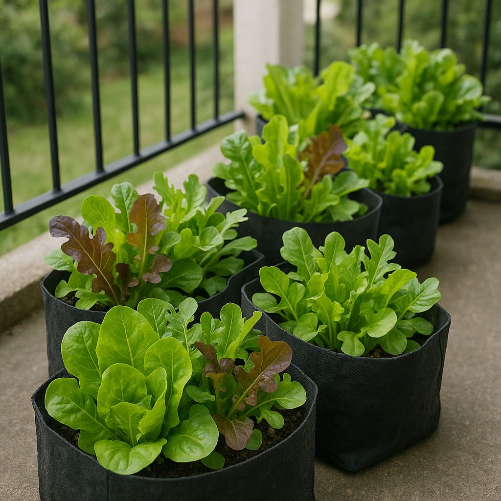 Mixed salad leaves growing in budget grow bags on a balcony