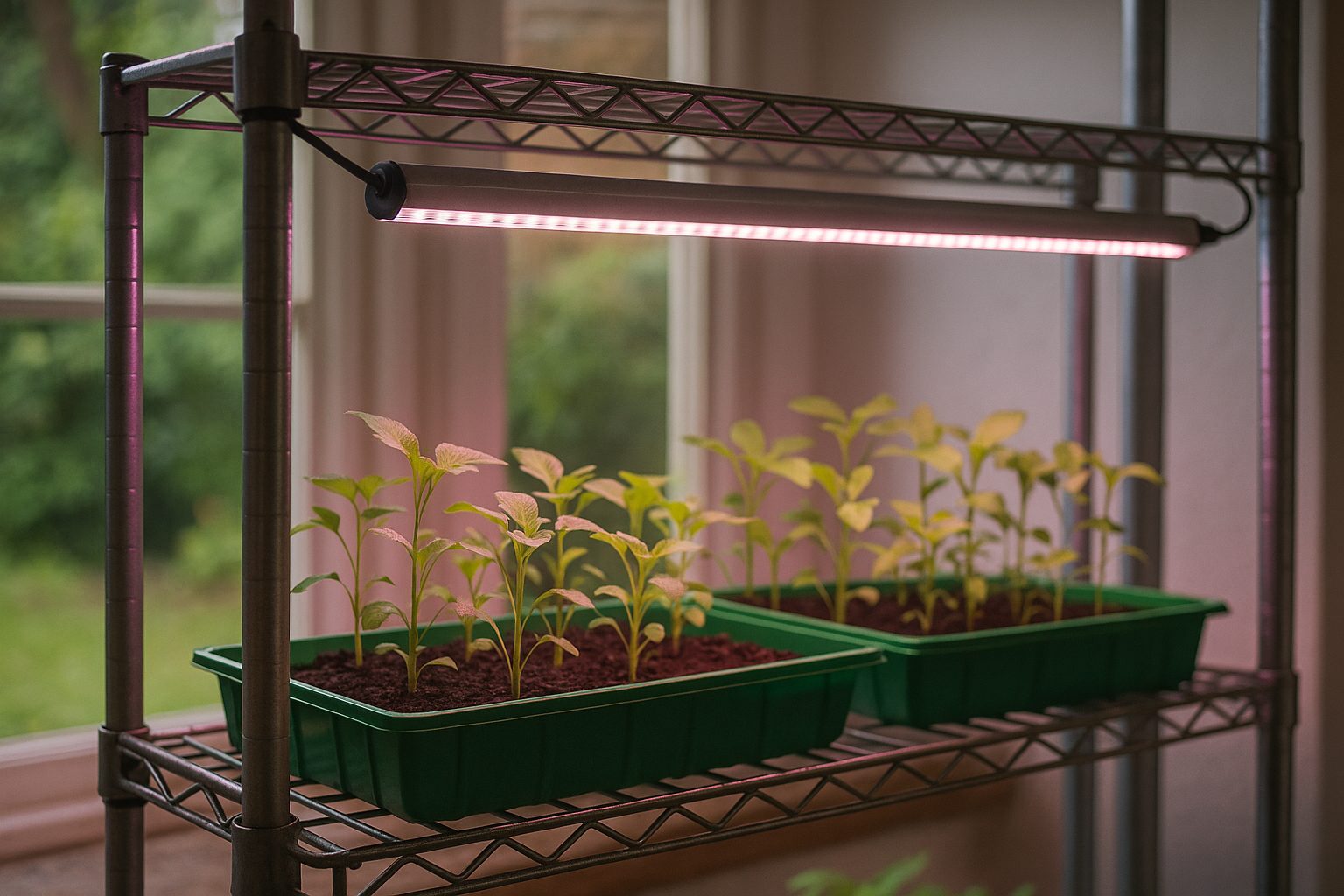 LED grow light illuminating seedling trays on a shelf indoors