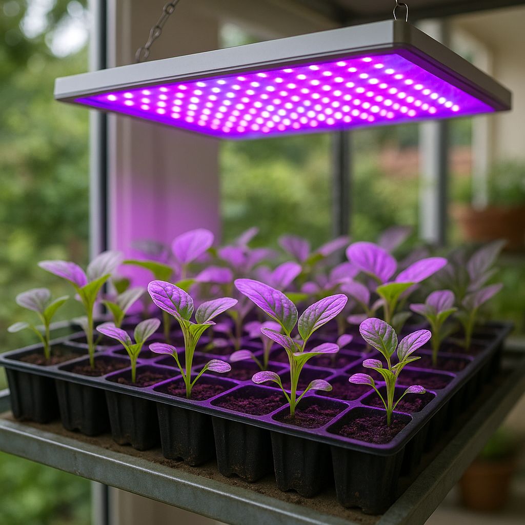 Young seedlings thriving under purple-spectrum LED grow light