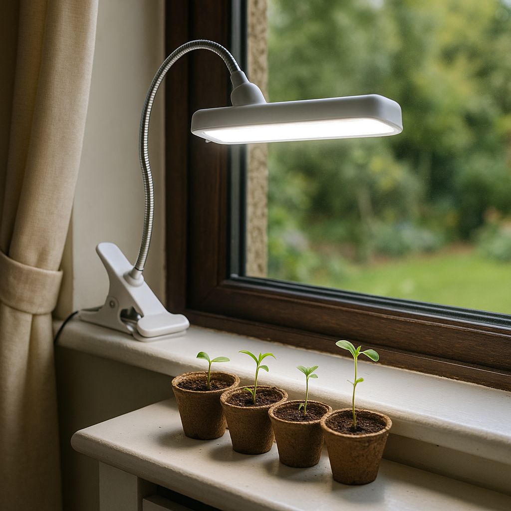 Compact clip-on grow light setup on a windowsill with seedlings