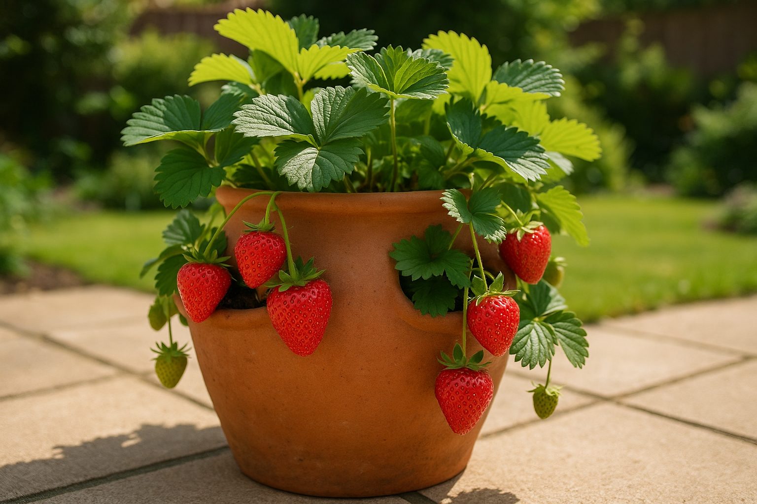 Ripe red strawberries growing in a container on a sunny patio