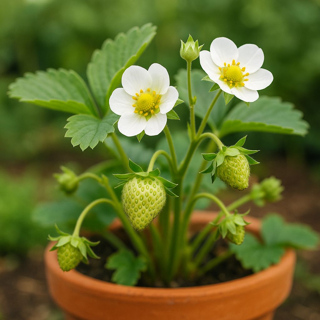 Strawberry plant with white flowers and small developing green fruit