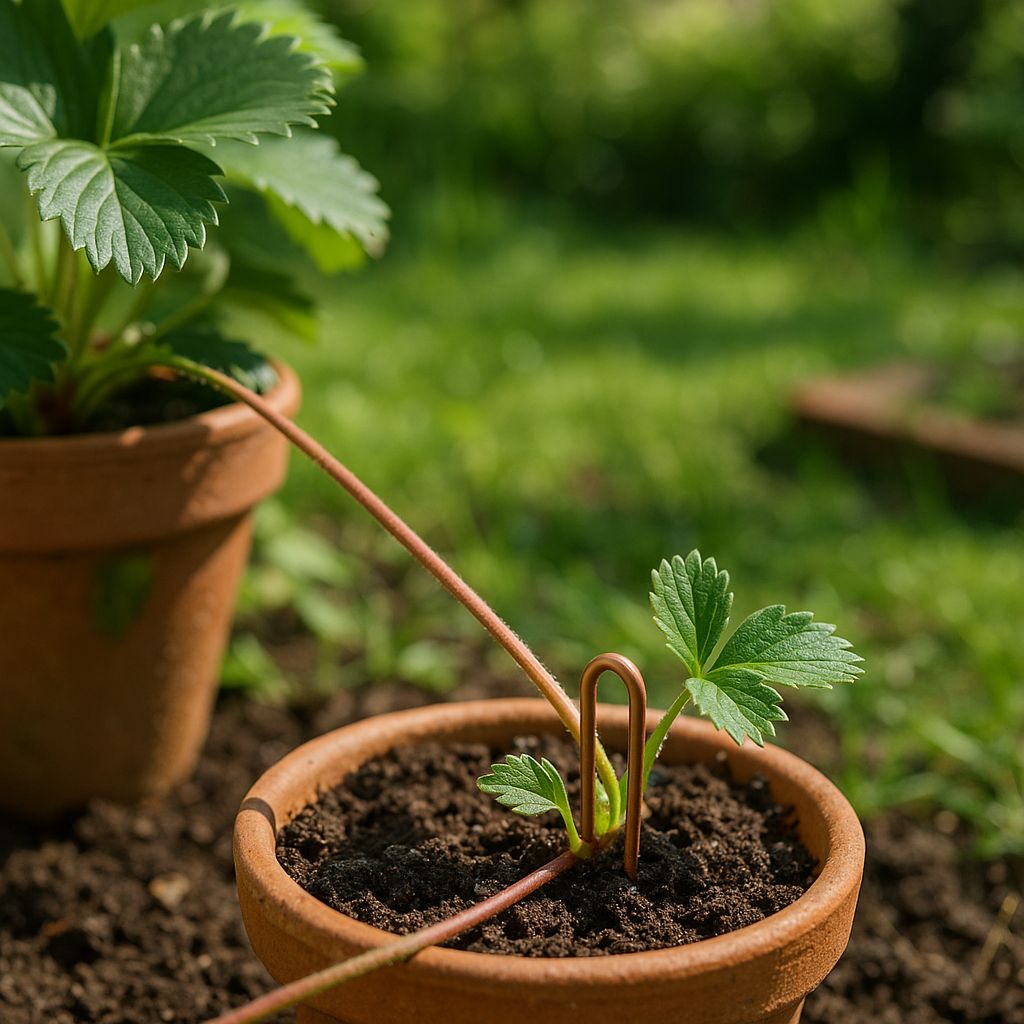 Strawberry runners being pegged into soil in a small pot