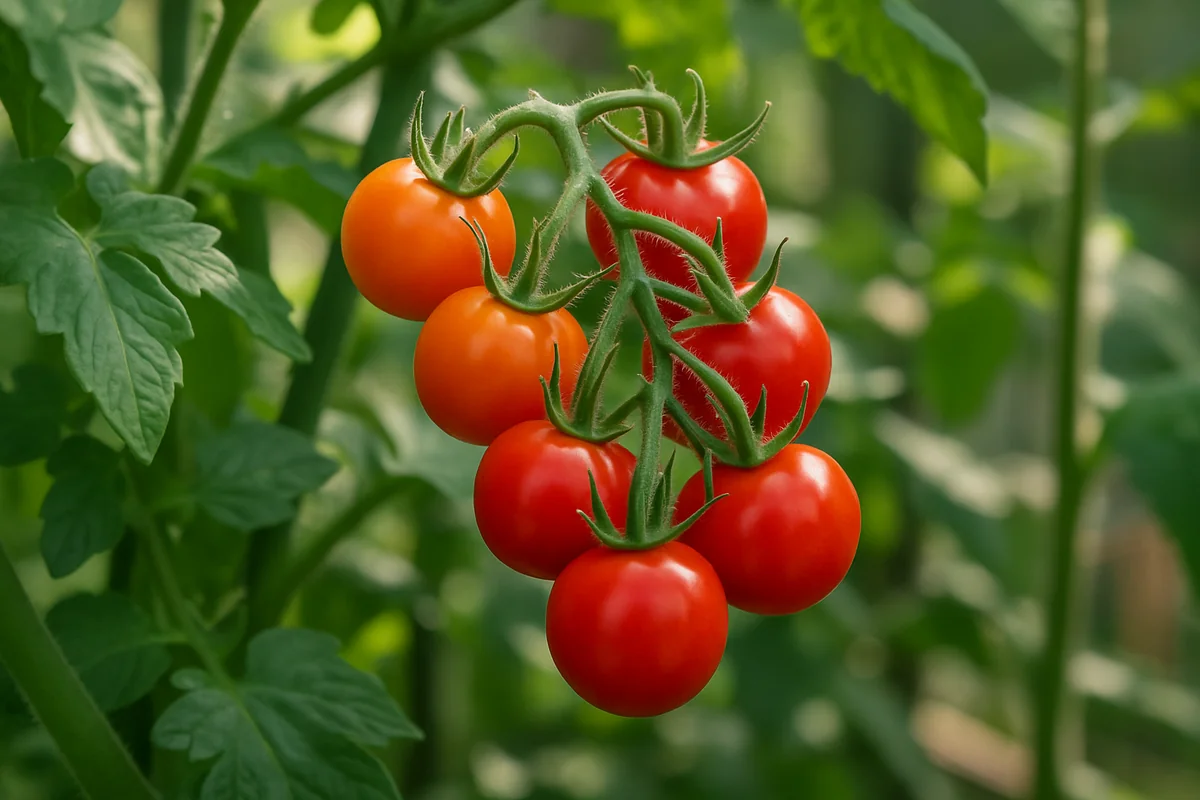 Homegrown ripe tomatoes ready for harvest in a UK garden