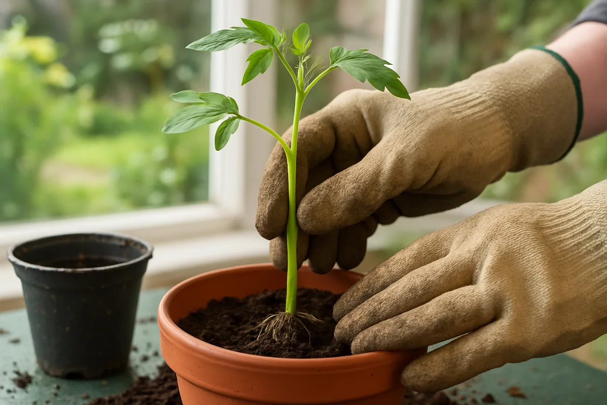 Demonstrating deep planting technique for tomato seedlings
