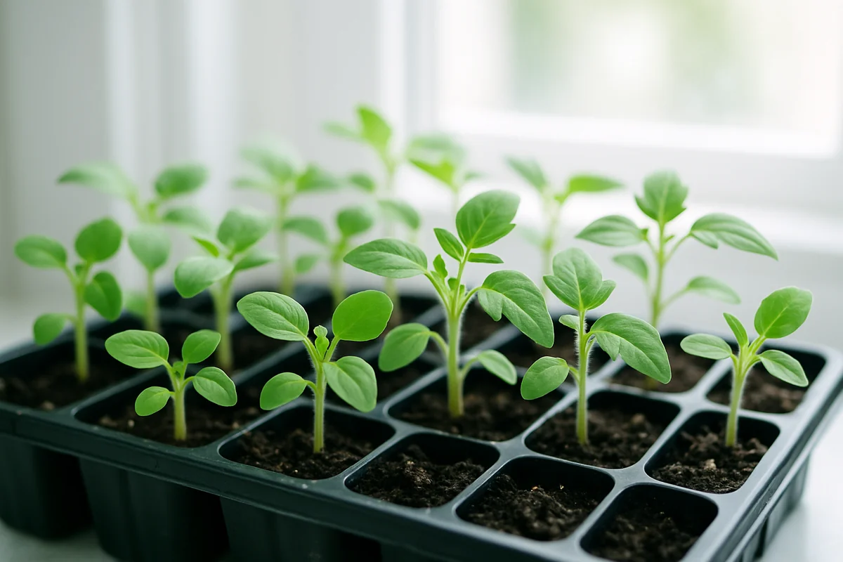 Two week old tomato seedlings on a windowsill