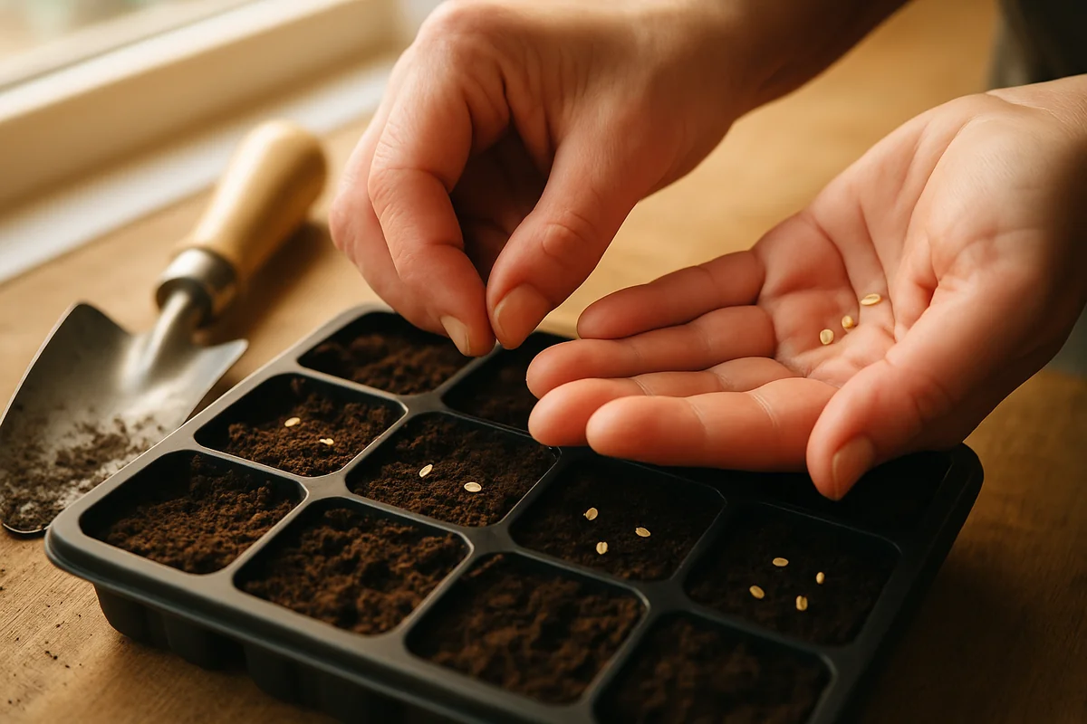 Sowing tomato seeds 6mm deep in seed compost