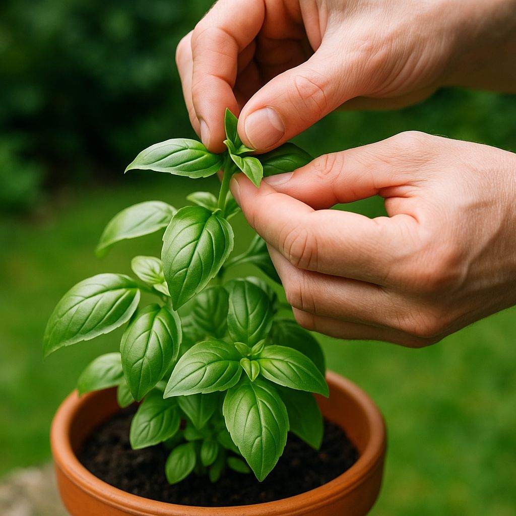 Hands pinching the growing tip of a basil plant to encourage bushy growth