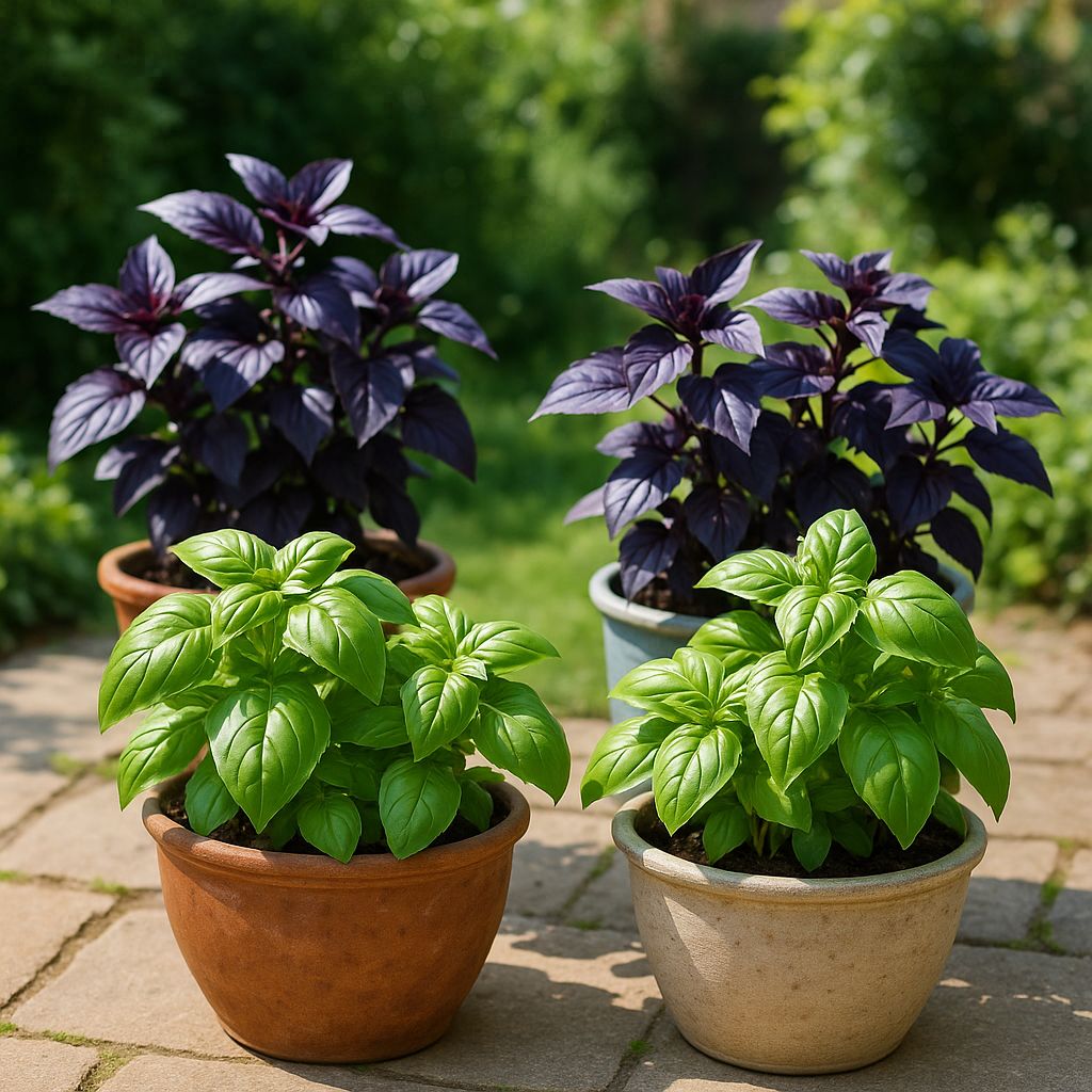 Several basil varieties growing in pots on a sunny patio including green and purple basil