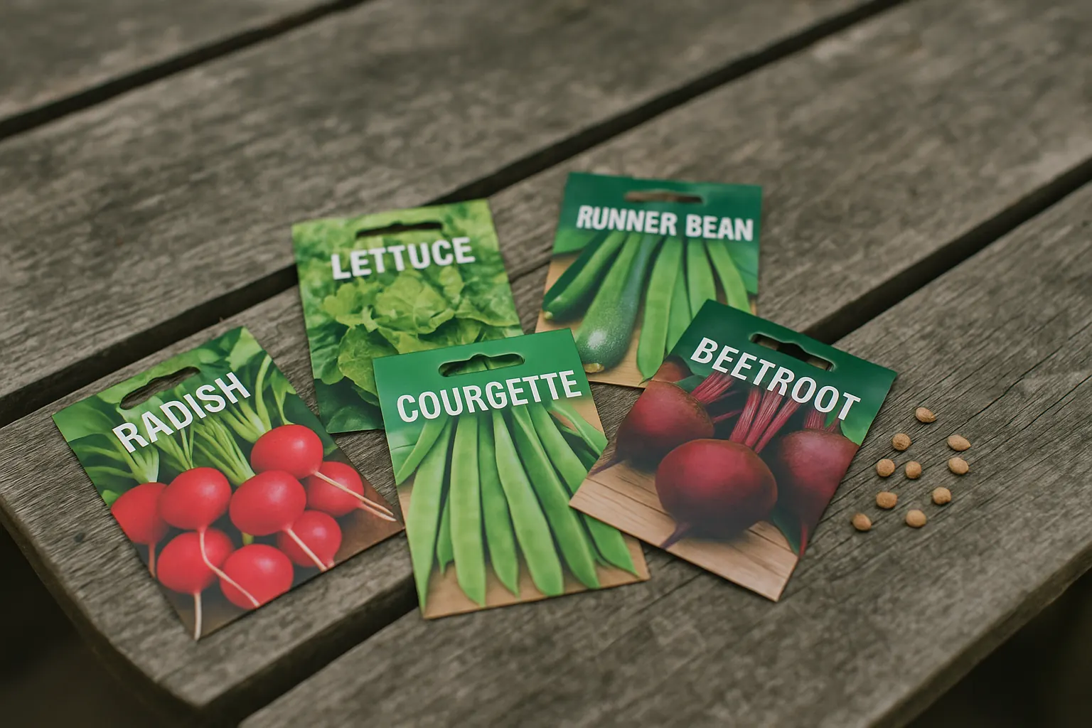 Seed packets for radishes, lettuce, courgettes, runner beans, and beetroot laid out on a wooden surface