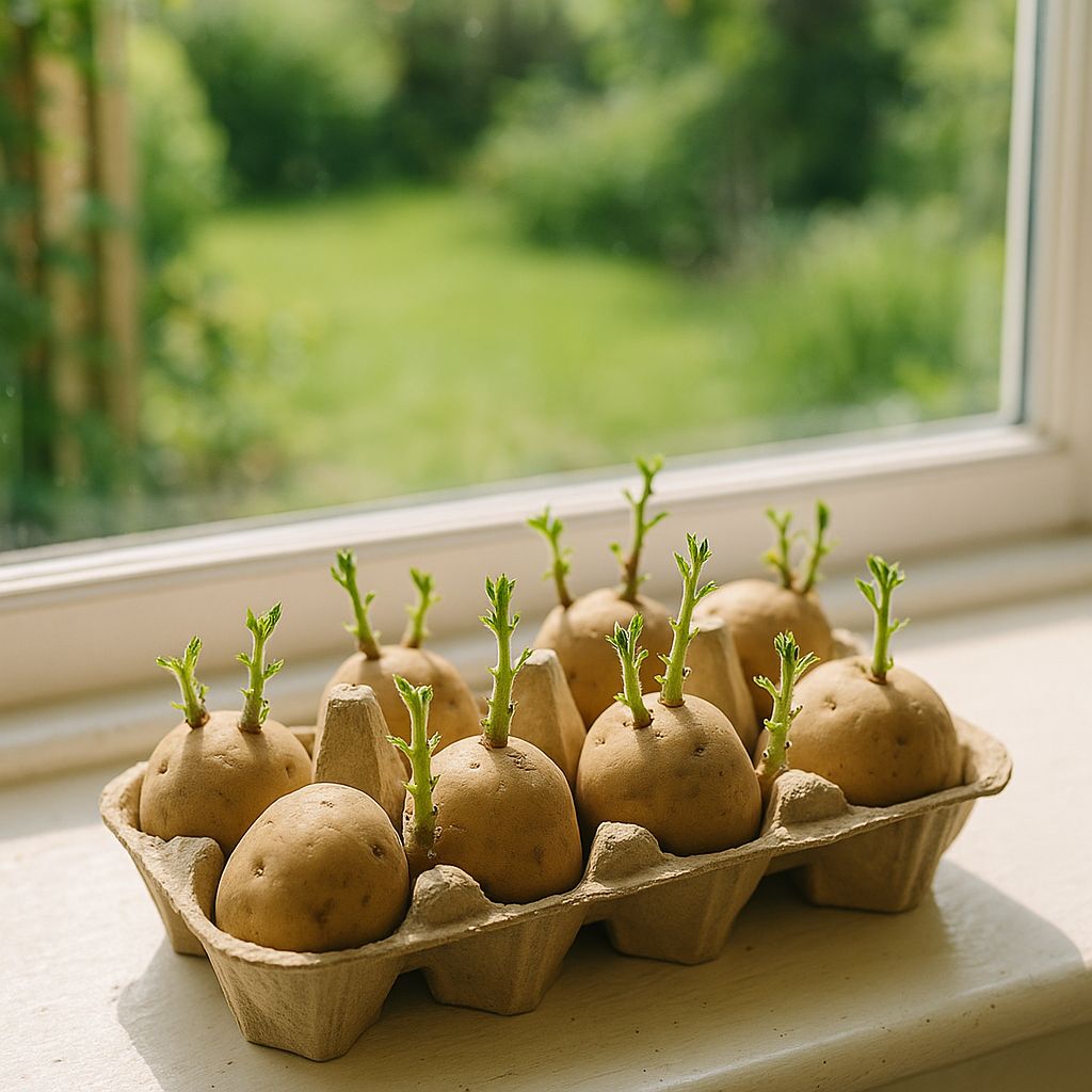 Seed potatoes chitting in an egg box on a bright windowsill