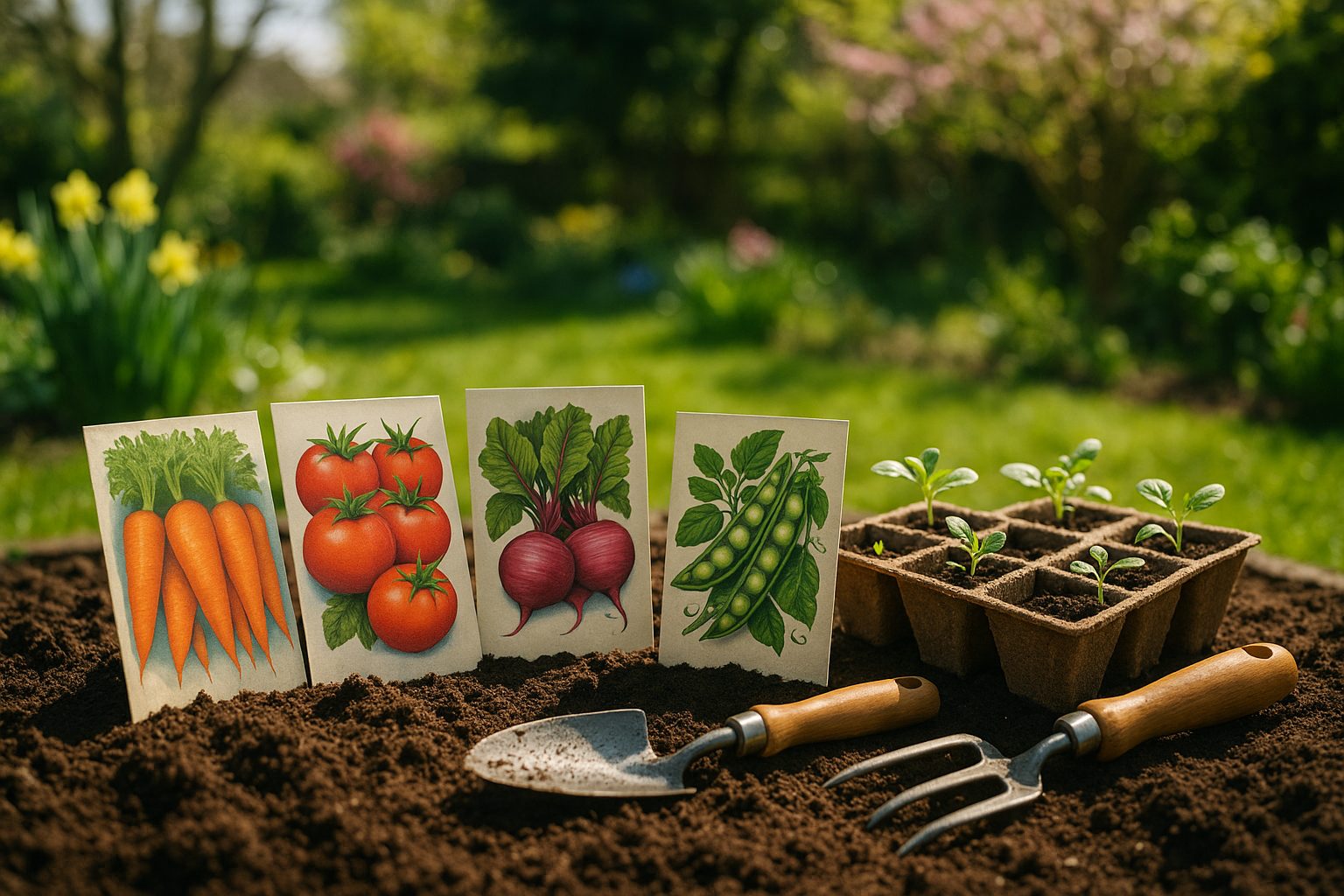Spring garden scene with seed packets seedlings and prepared soil in April