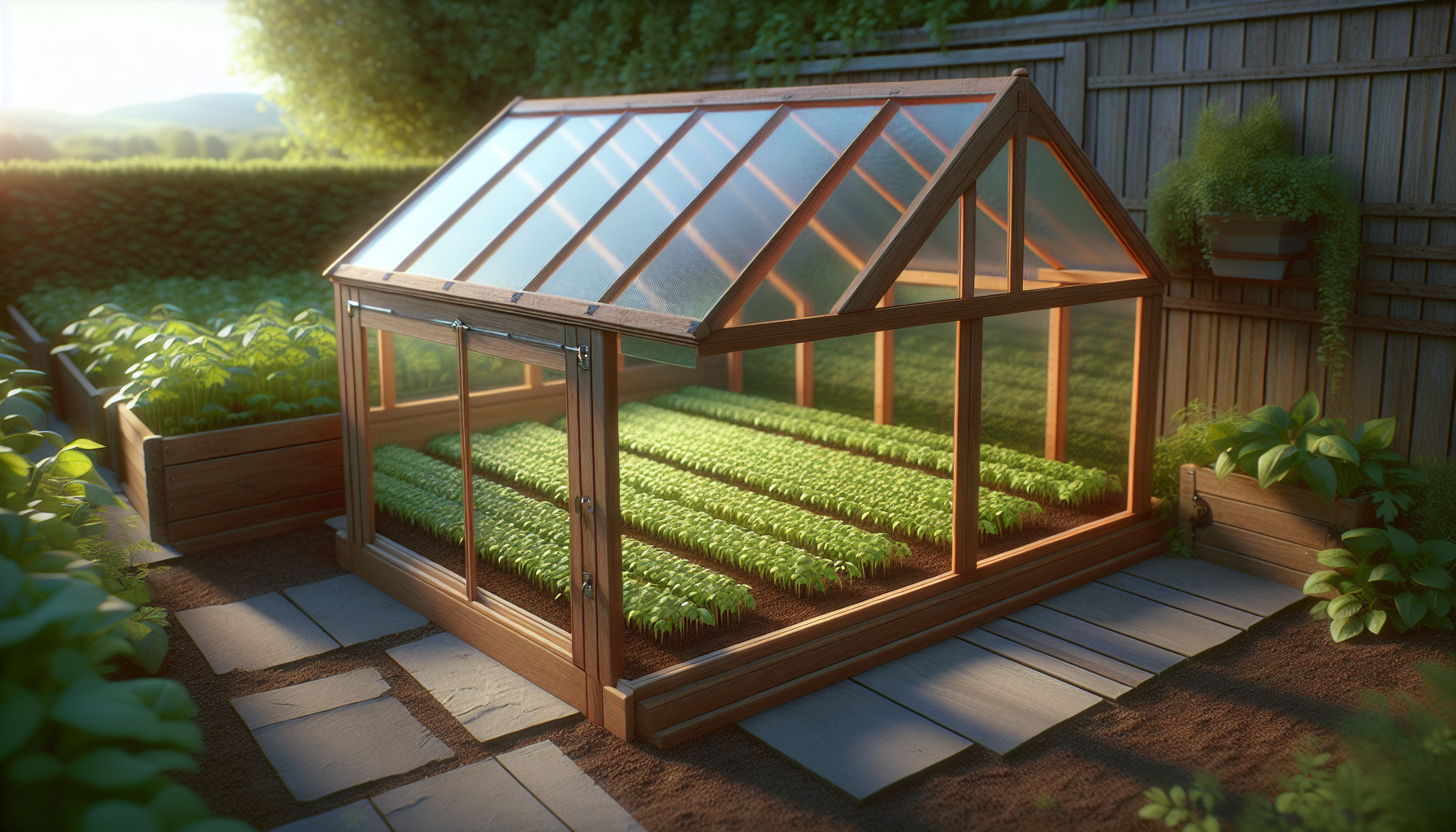 Small wooden cold frame with seedlings in a UK garden