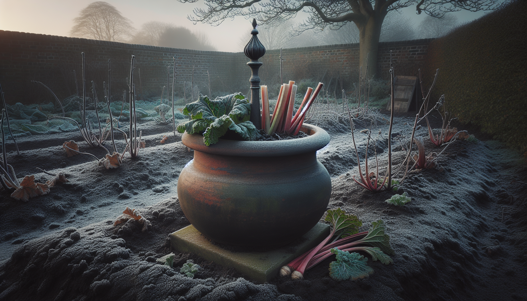 Rhubarb crown covered with a terracotta forcer in a winter vegetable garden