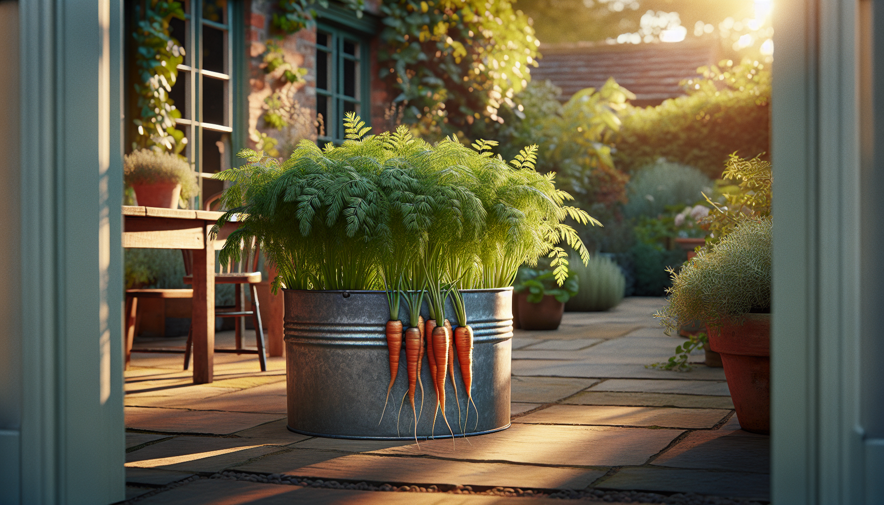 Carrot foliage in a deep container on a UK patio