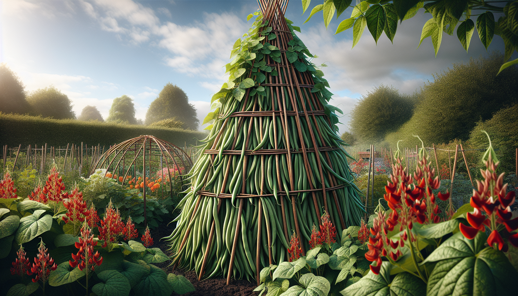 Runner beans climbing a bamboo wigwam in a UK allotment