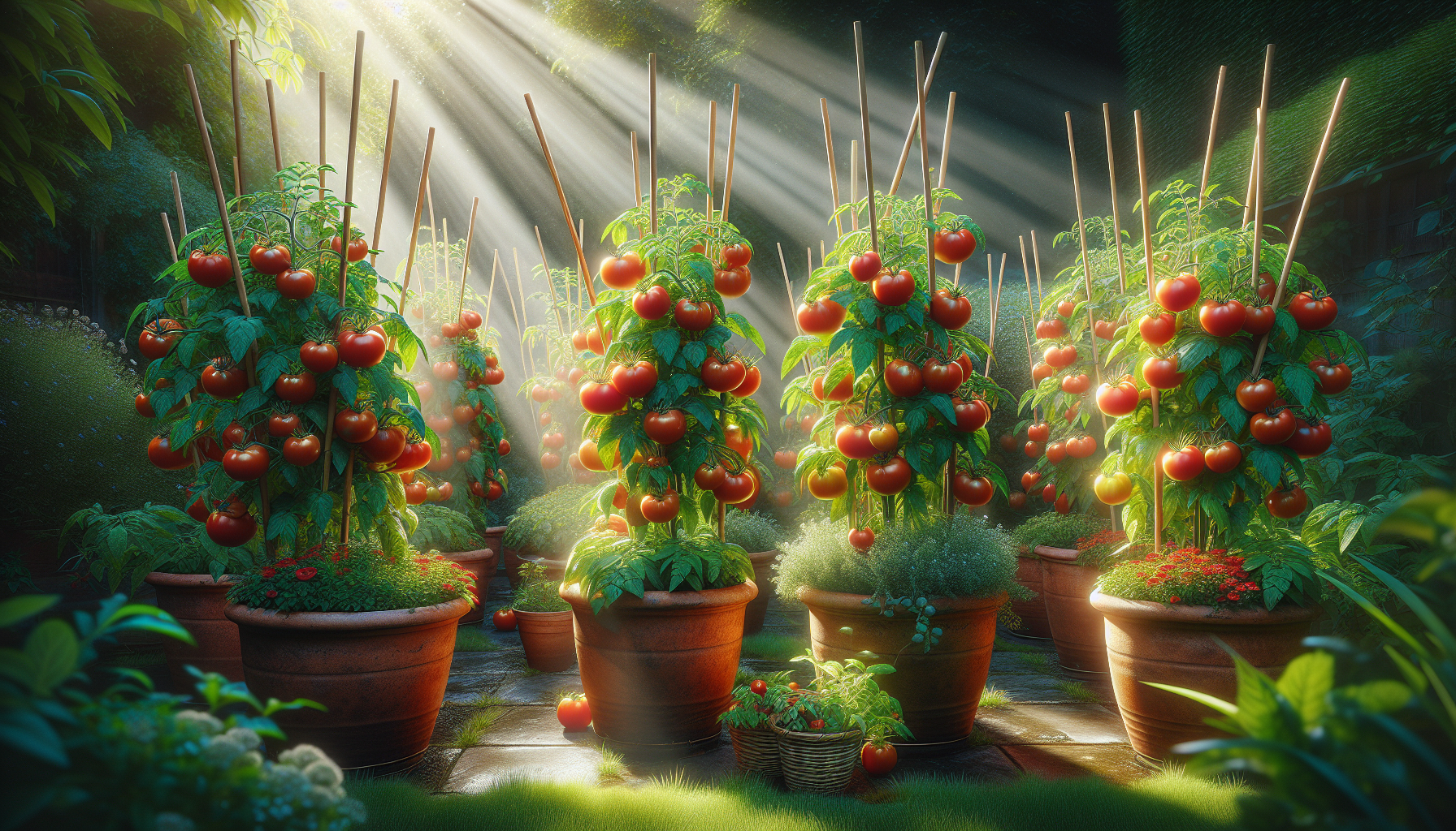Tomato plants in terracotta pots on a UK patio