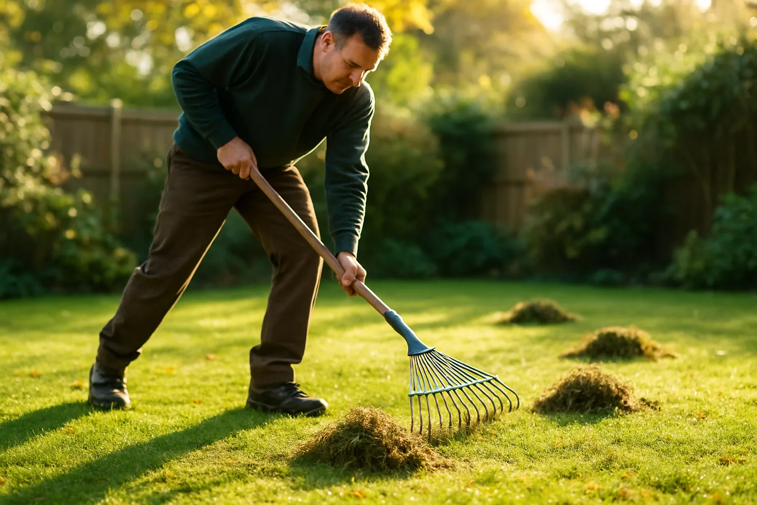 Gardener scarifying a lawn with a spring-tine rake, piles of moss and thatch on the grass